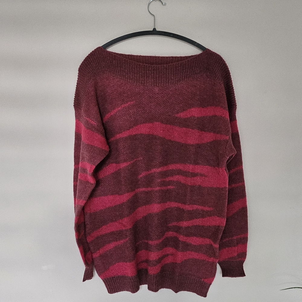 Anthropologie Numph Lynn Abstract Burgundy Boatneck Sweater Size Large